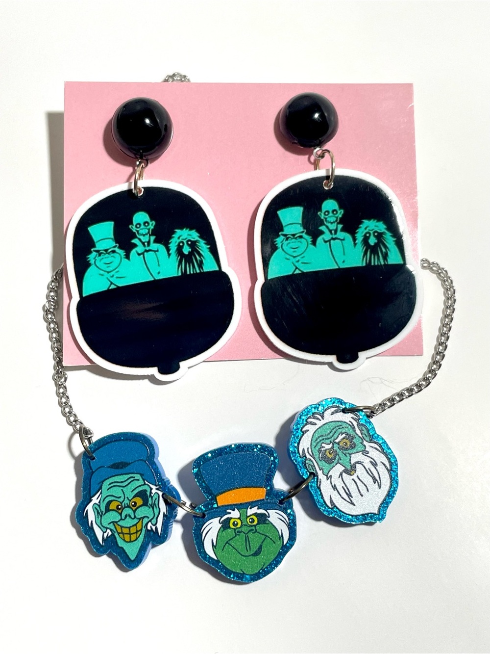 Haunted Mansion Hitchhiking Ghosts Halloween Dangle Earrings Necklace Set